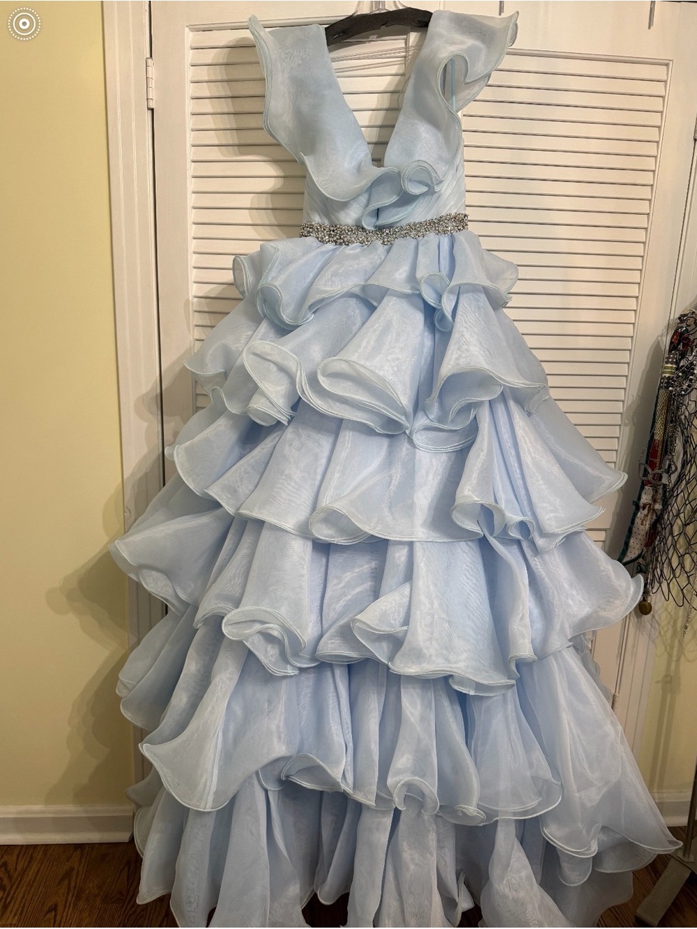 Light Blue Ruffled pageant prom Dress with Gem Waist